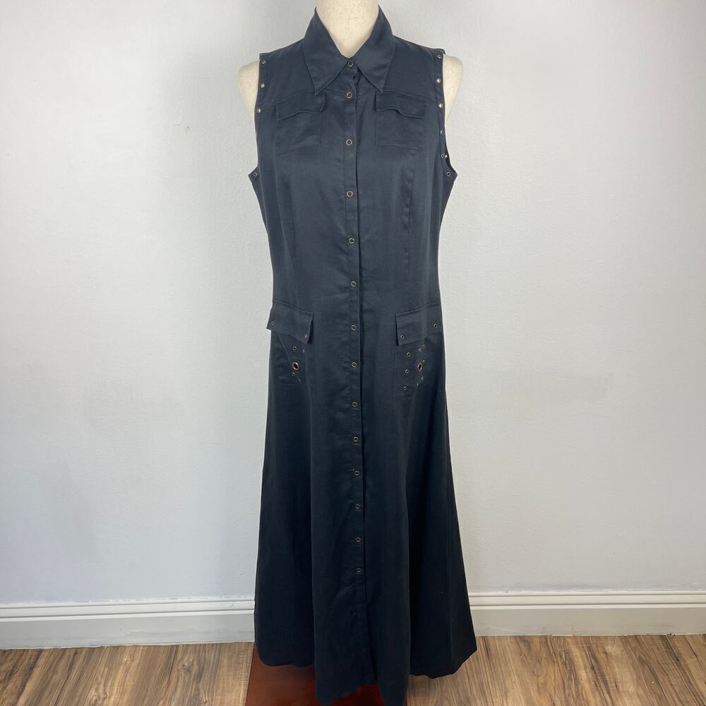 Nikki Valentine Black Irish Linen Maxi Dress Size 10 Sleeveless Eyelets Goth